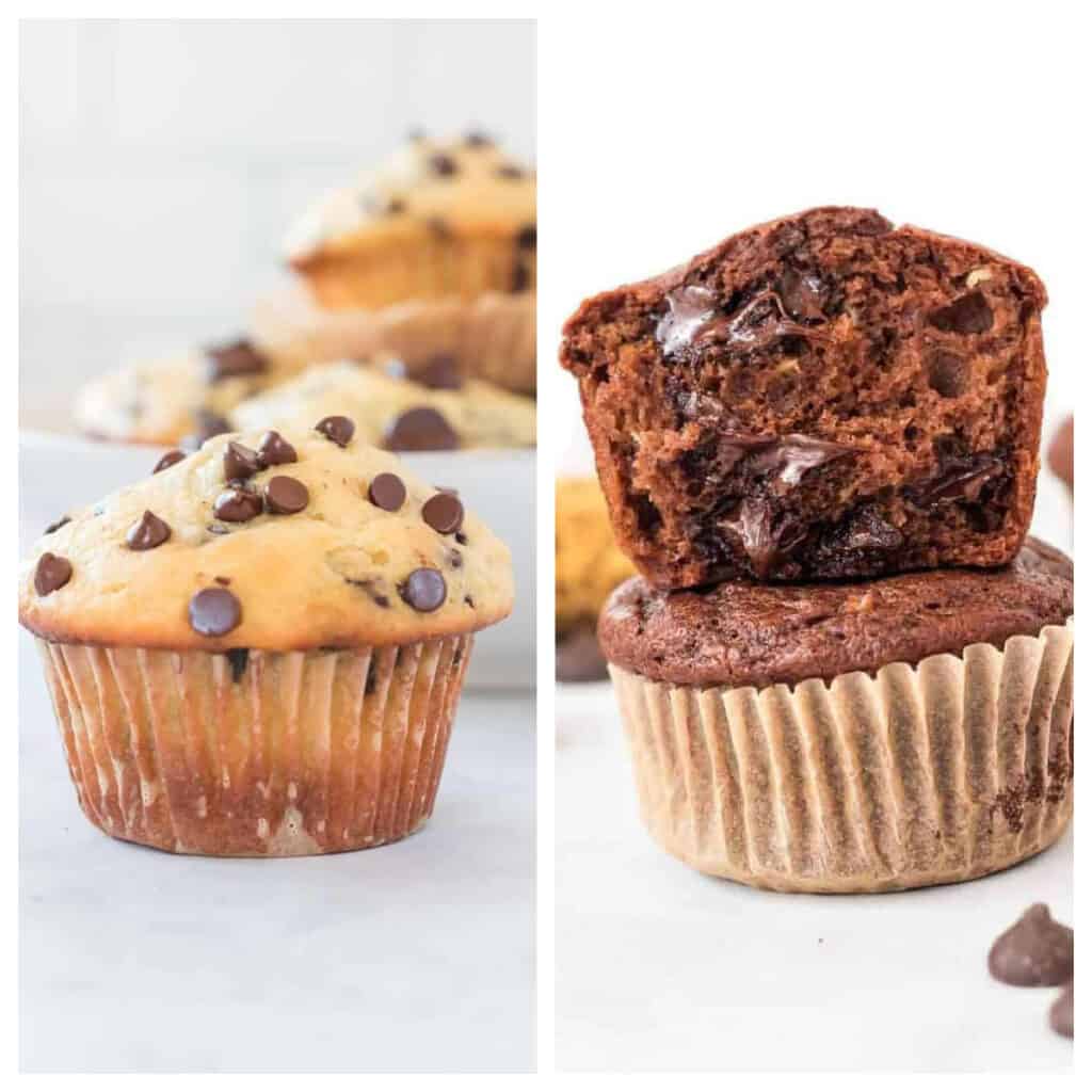 collage image showing greek yogurt muffins and healthy chocolate muffins