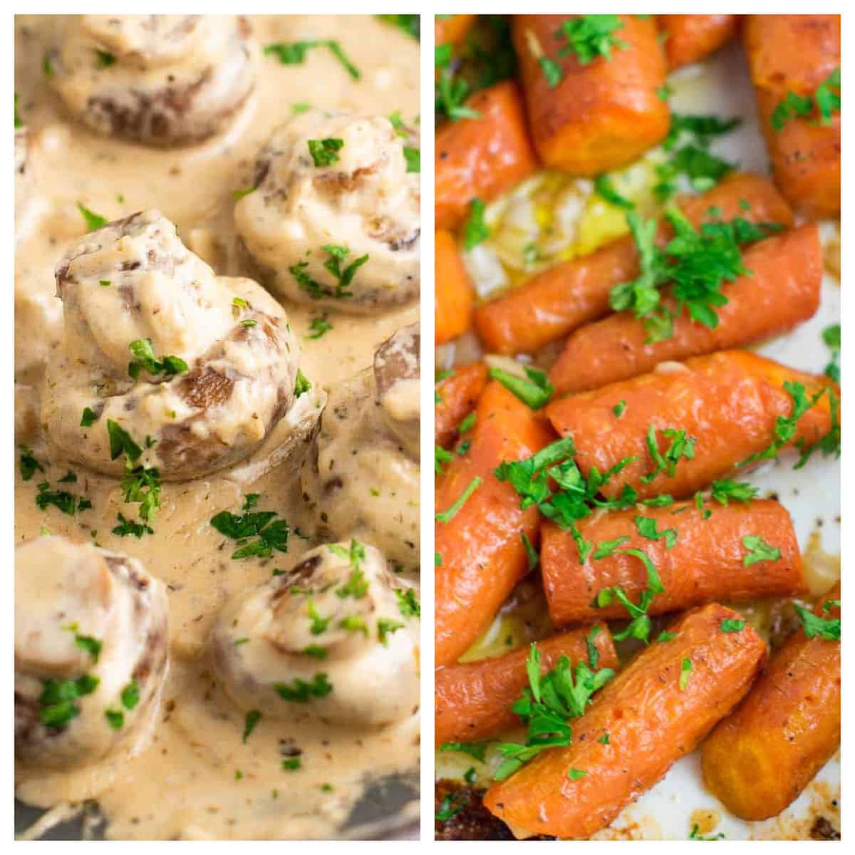 collage image showing creamy garlic mushrooms and garlic butter roasted carrots