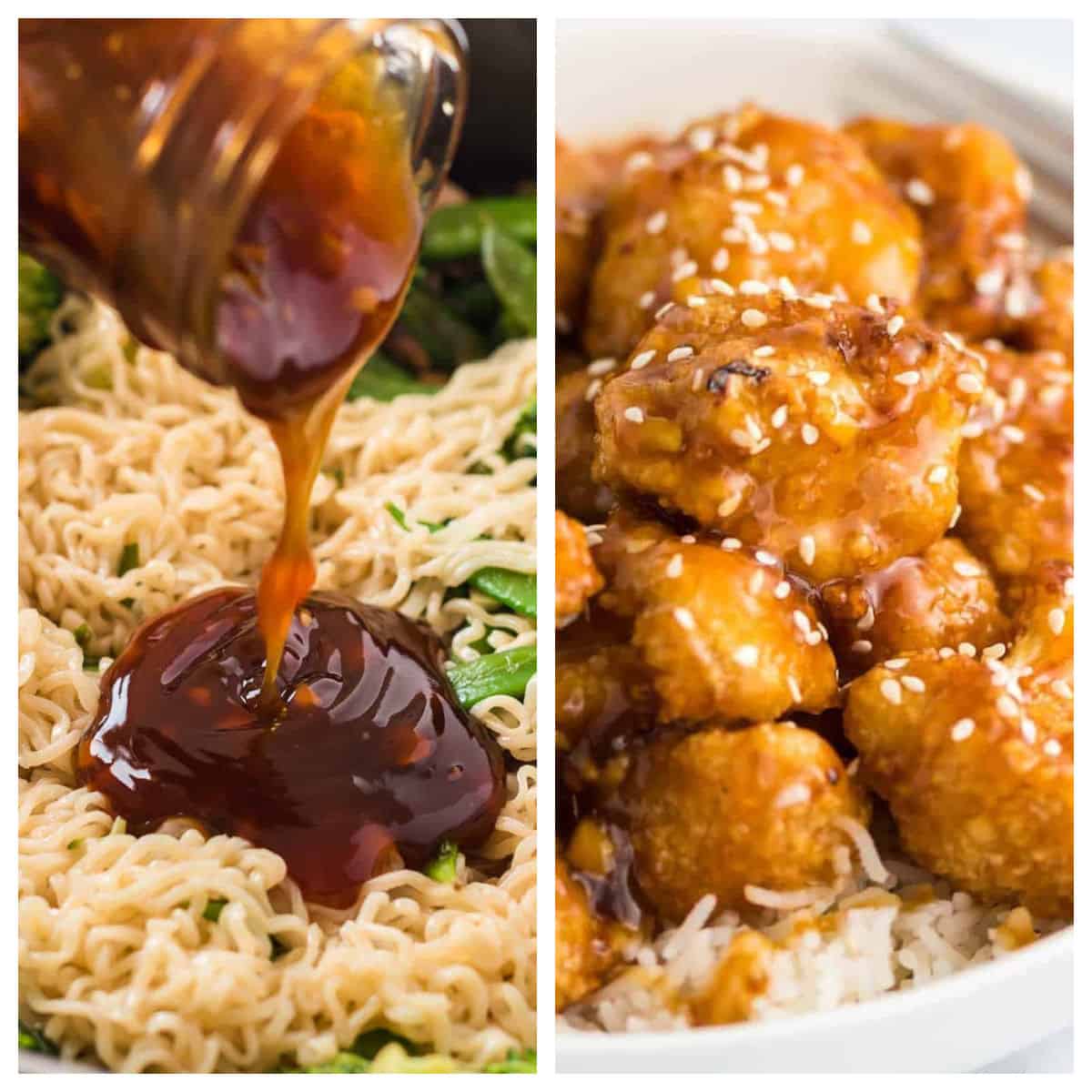 collage image showing teriyaki sauce and orange cauliflower