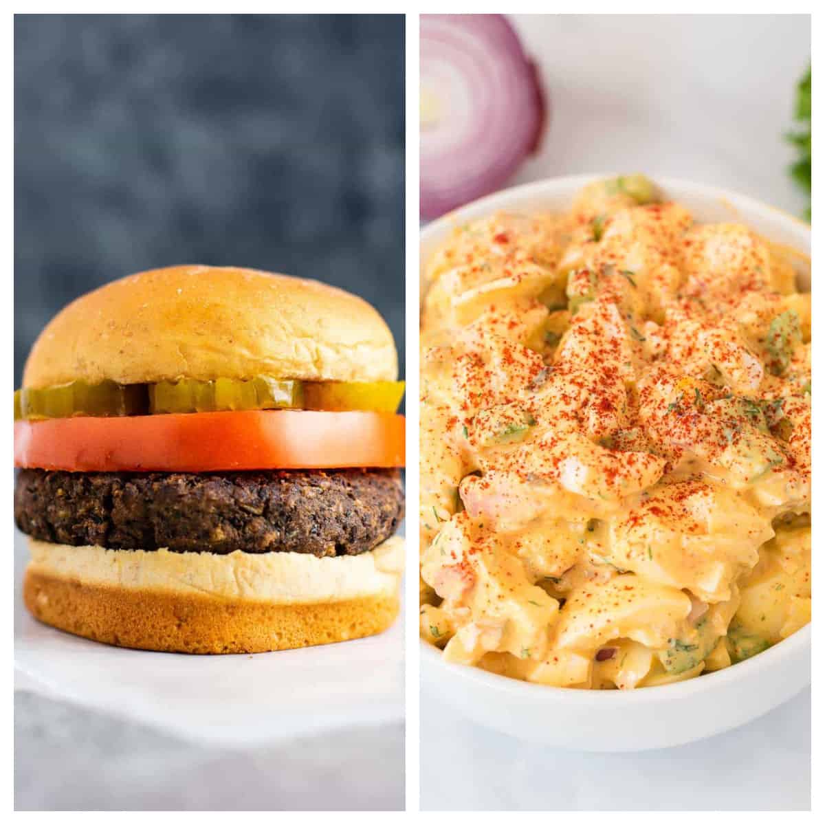 collage image showing a black bean burger and healthy egg salad