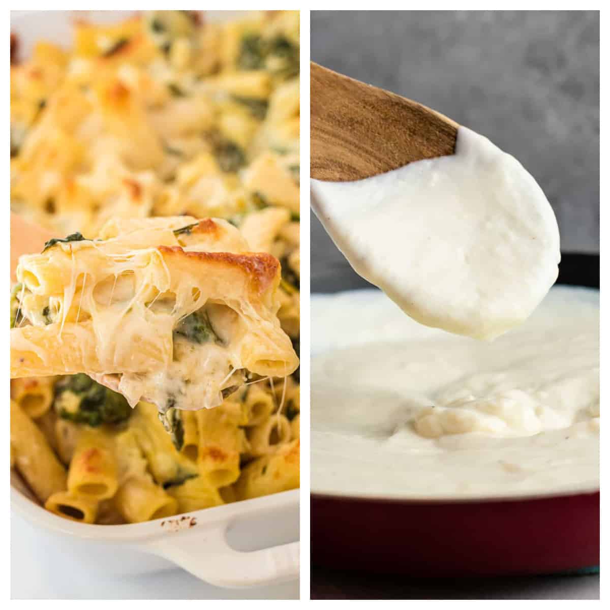 collage image showing spinach artichoke pasta bake and cauliflower alfredo sauce