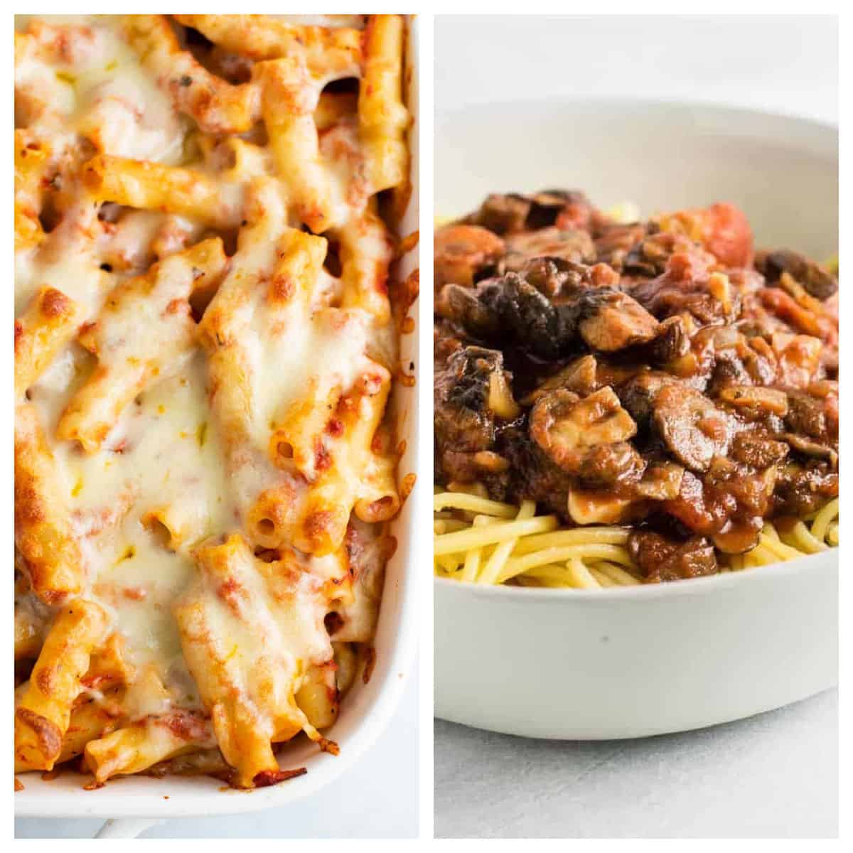 collage image showing vegetarian baked ziti and meatless spaghetti sauce