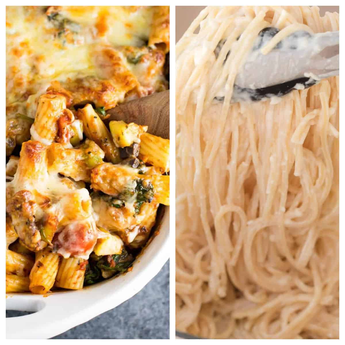 collage image showing veggie lover's pasta bake and cream cheese pasta