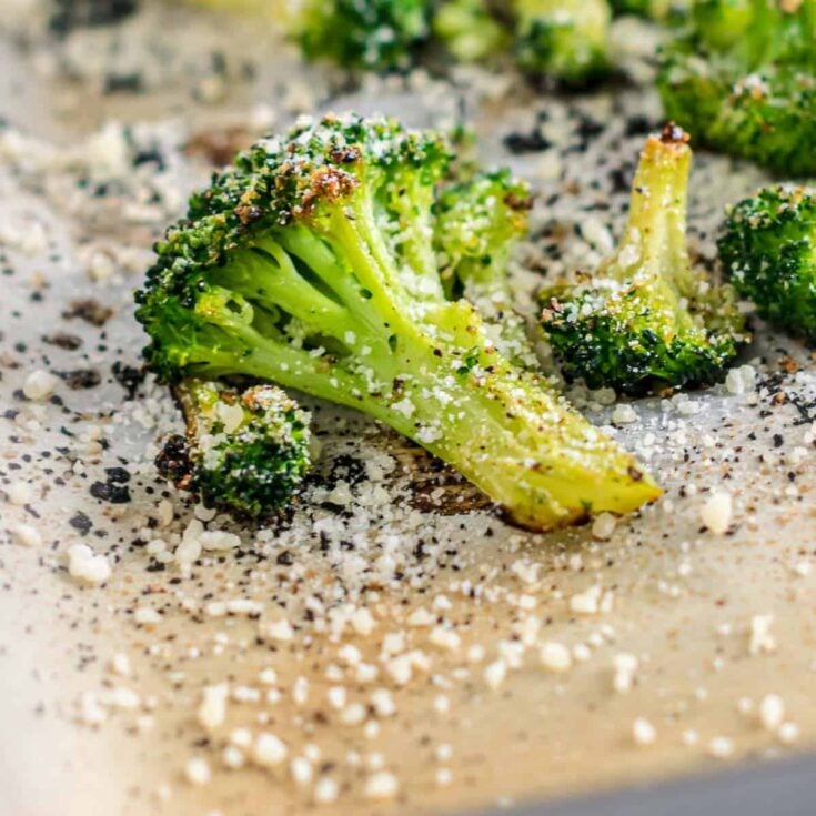 roasted broccoli on parchment paper