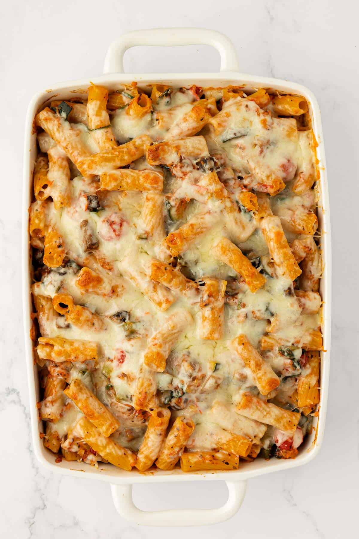 veggie lover's rigatoni with melted bubbly cheese