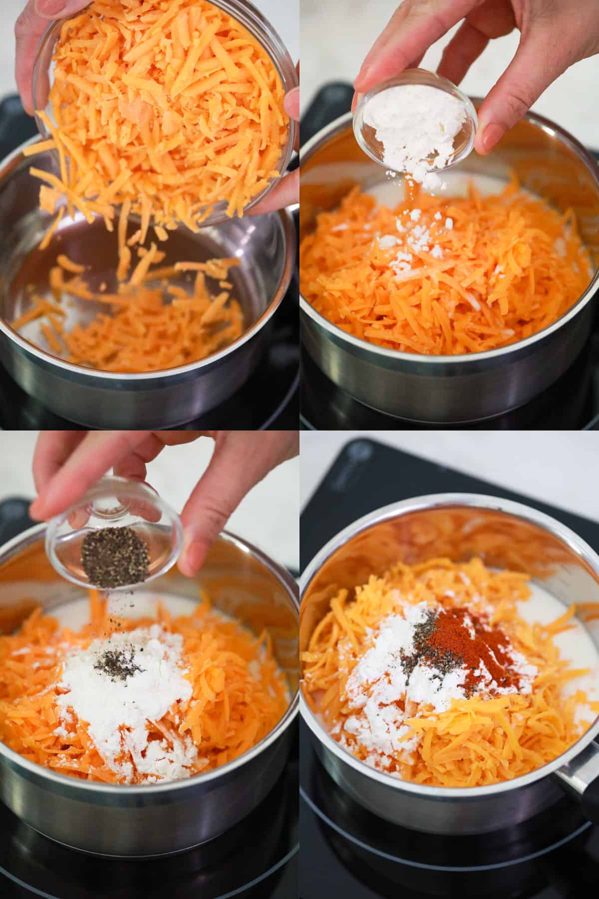 collage image showing the cheese sauce ingredients being added to a sauce pan