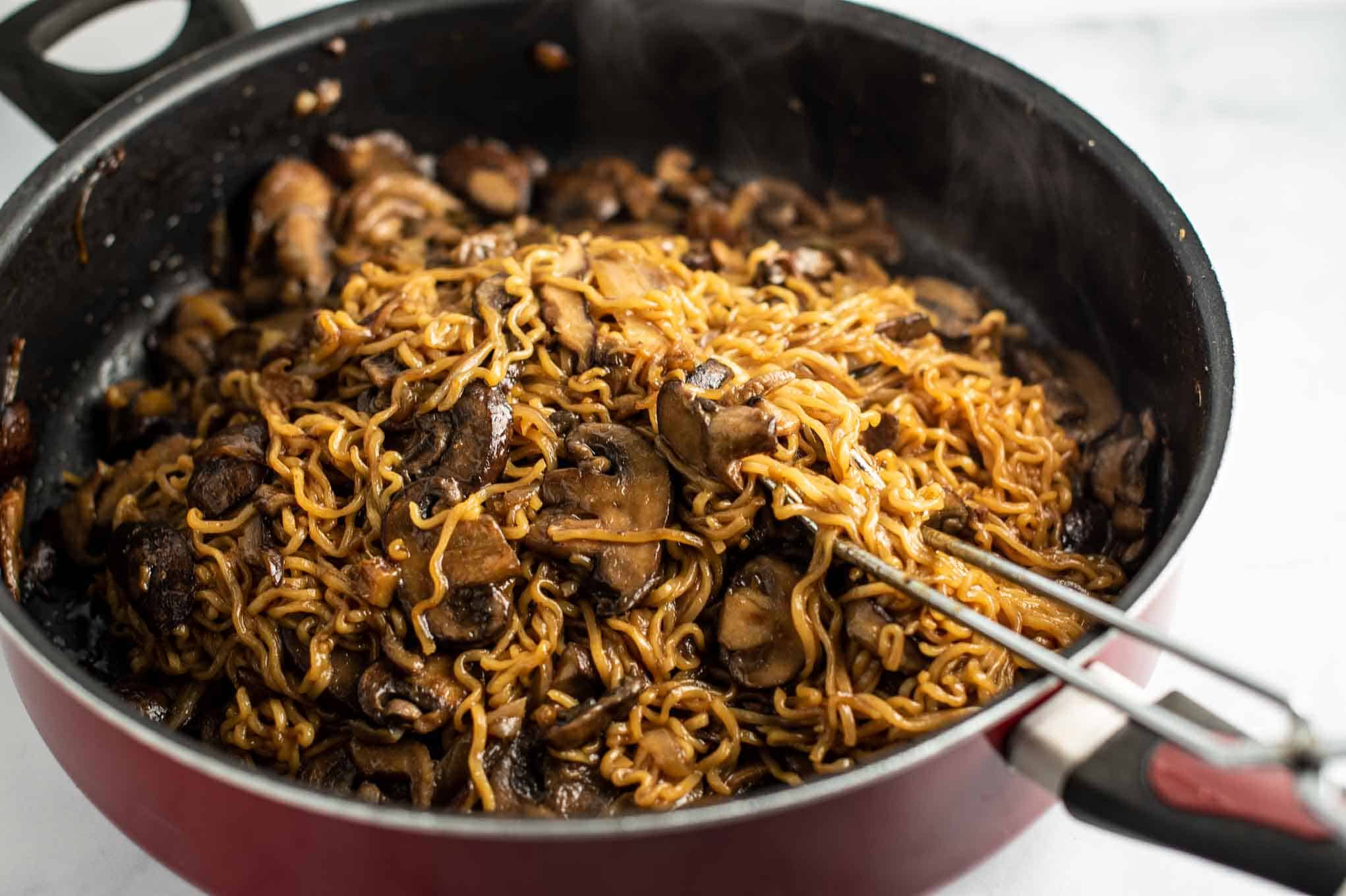 asian mushroom ramen noodles in a large skillet