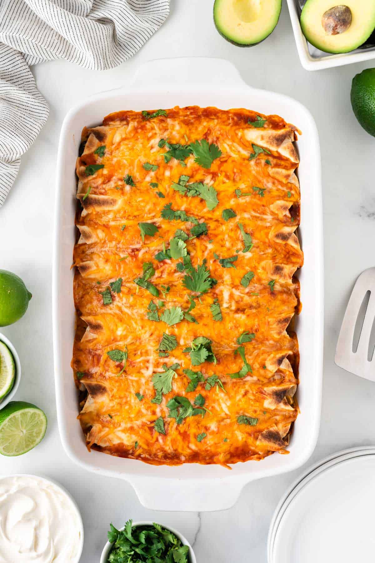 vegetarian enchiladas in the baking dish topped with cilantro