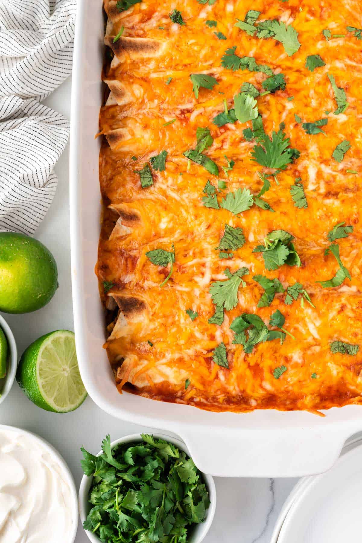 vegetarian enchiladas in the baking dish topped with cilantro