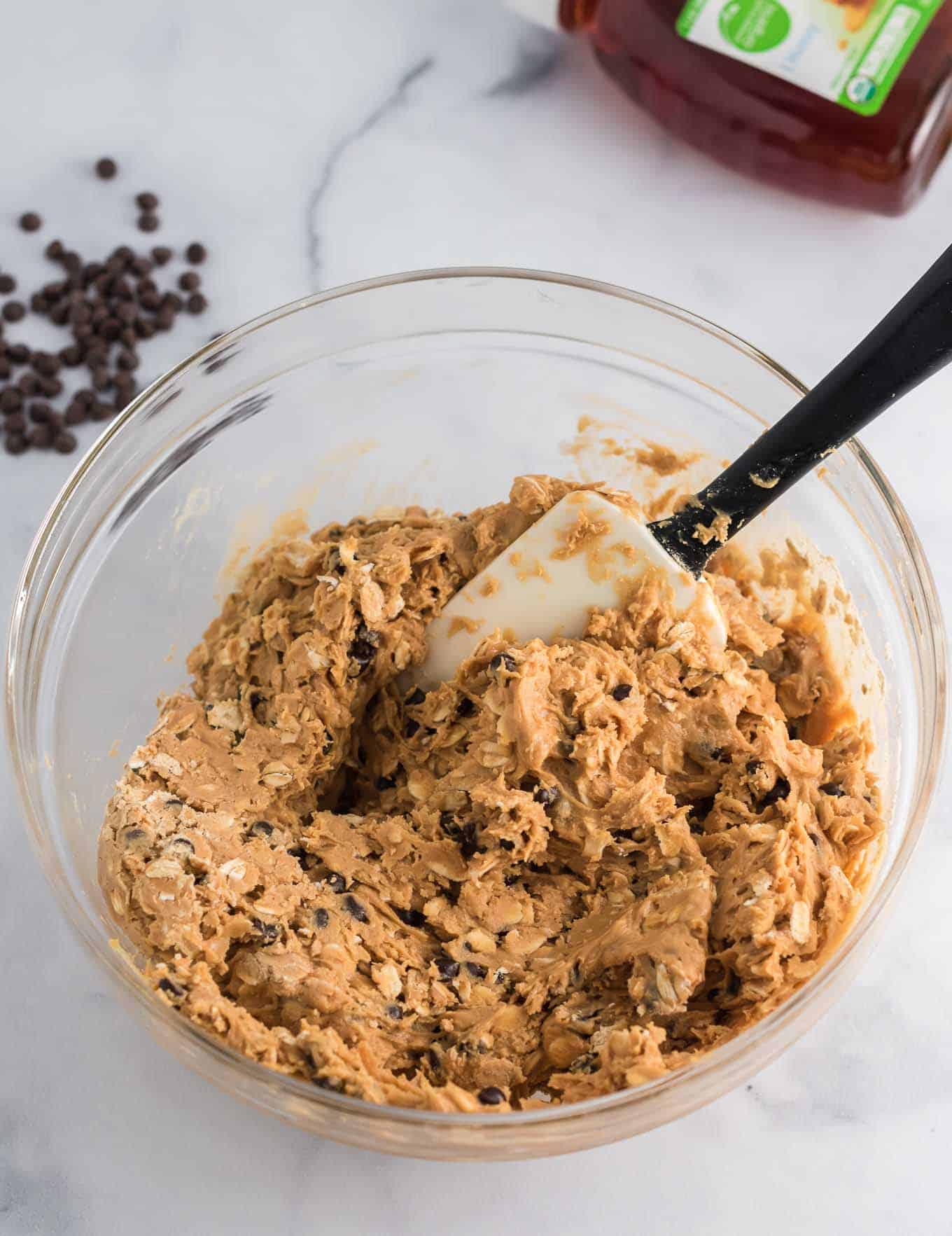 ingredients mixed together with a rubber spatula in a bowl