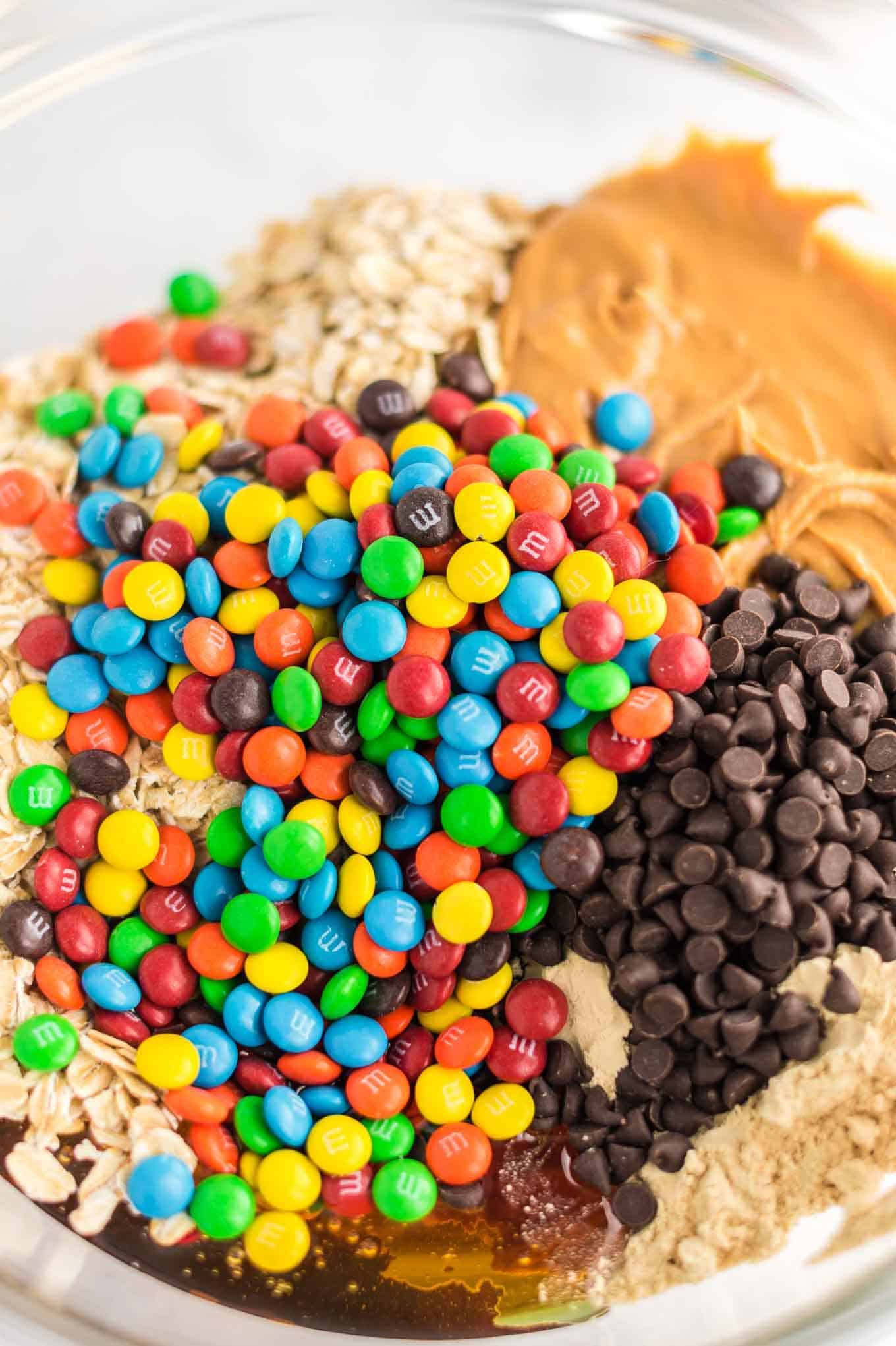 up close image of the mini m&m's in the miing bowl