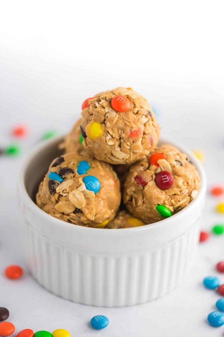 monster cookie energy balls with mini m&m's showing on the sides