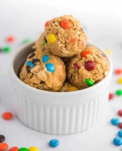 monster cookie energy balls with mini m&m's showing on the sides