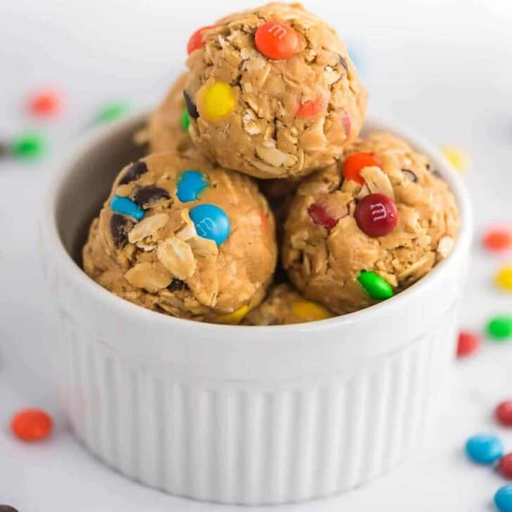 monster cookie energy balls with mini m&m's showing on the sides