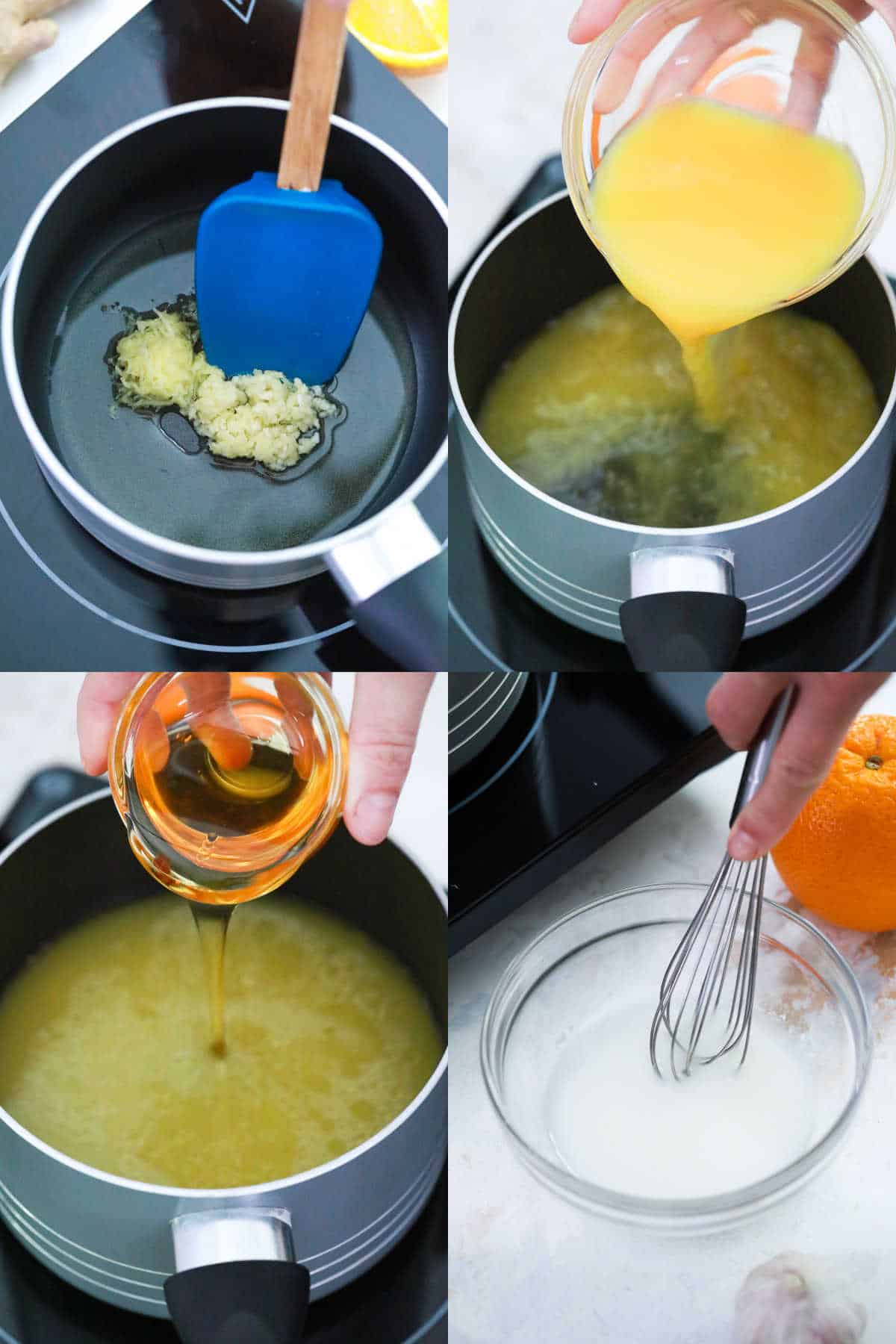 step by step images showing the ingredients added to the sauce pan to make orange sauce