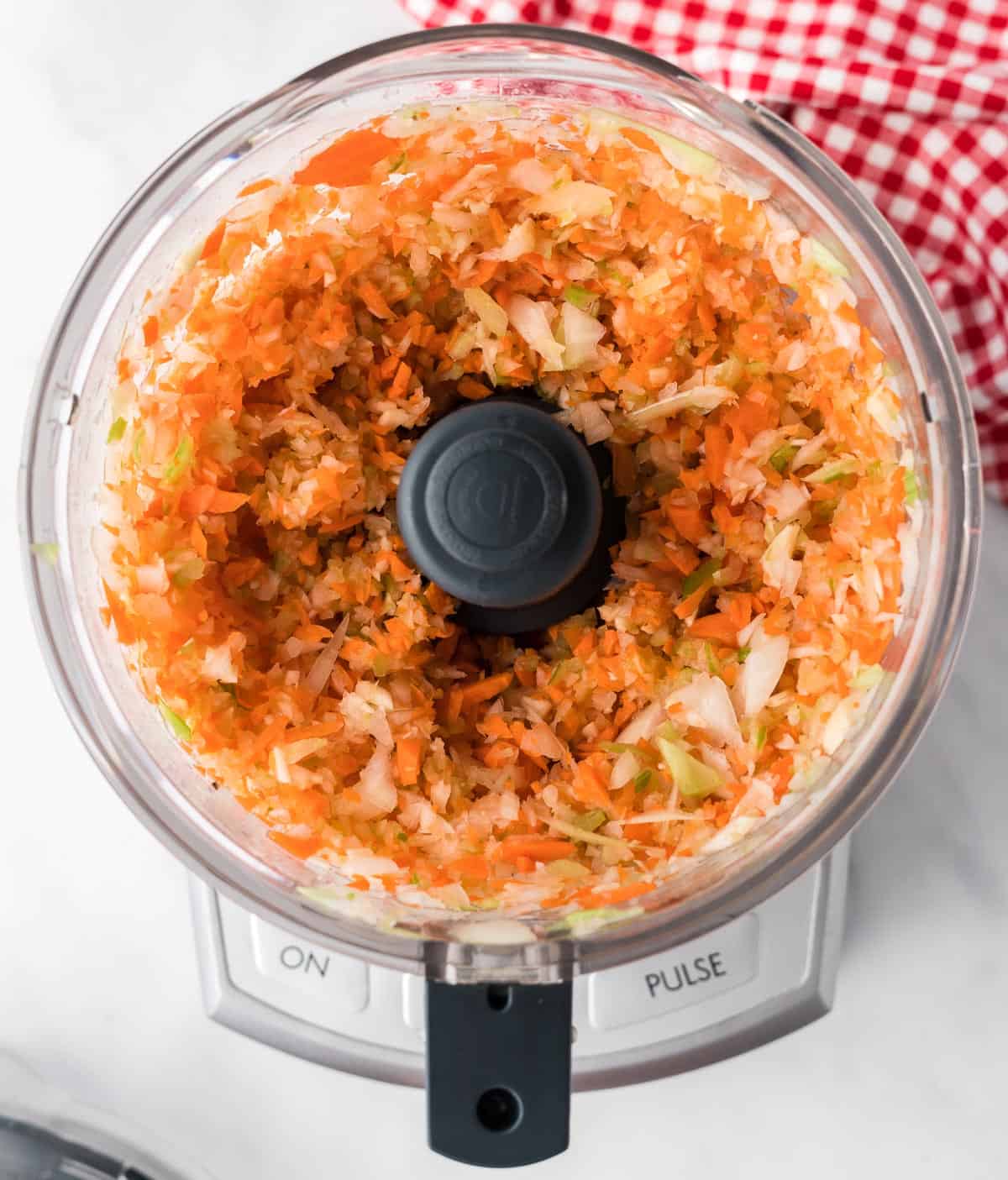 celery, garlic, carrots, and onion ground up in the food processor