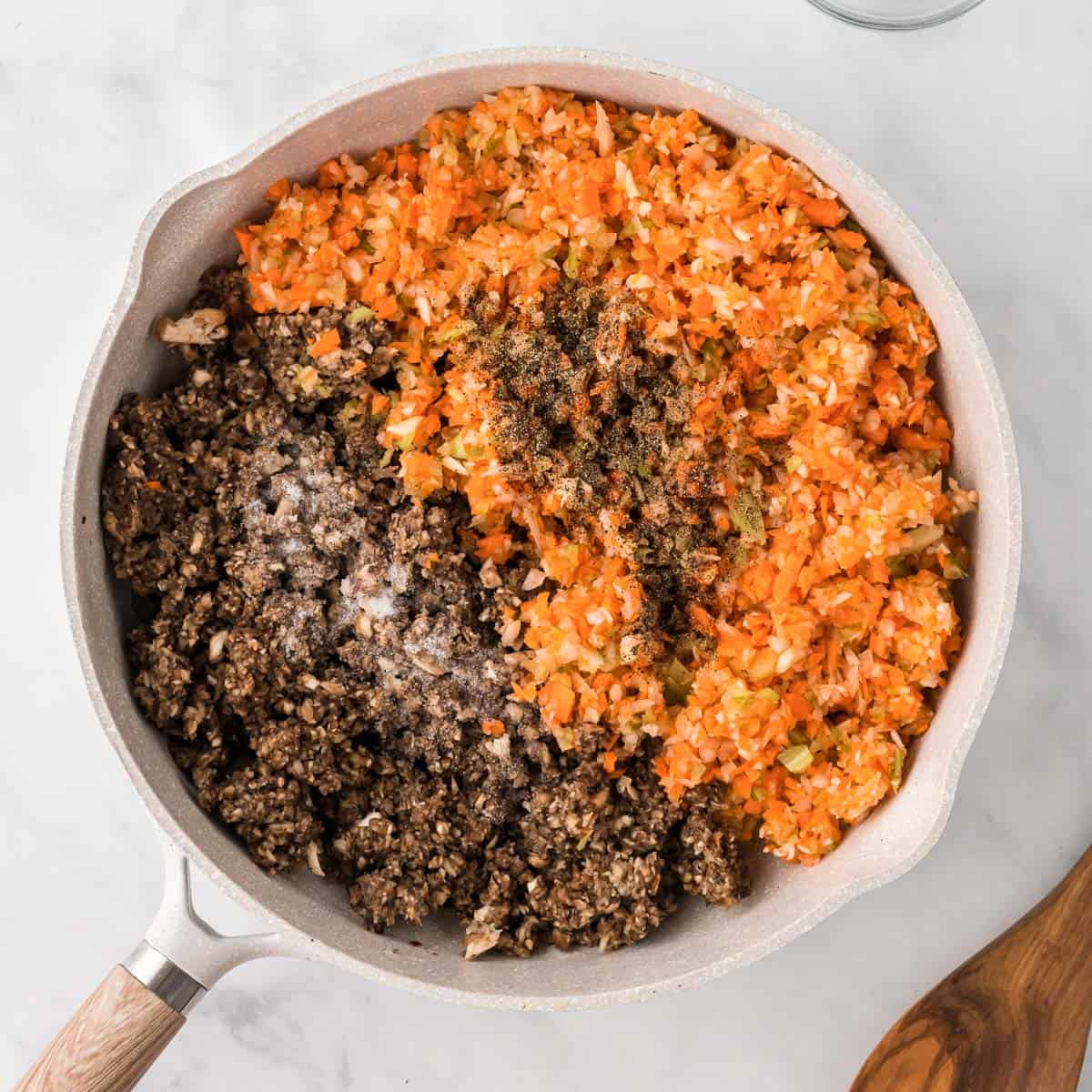 ground up vegetables in a skillet with spices