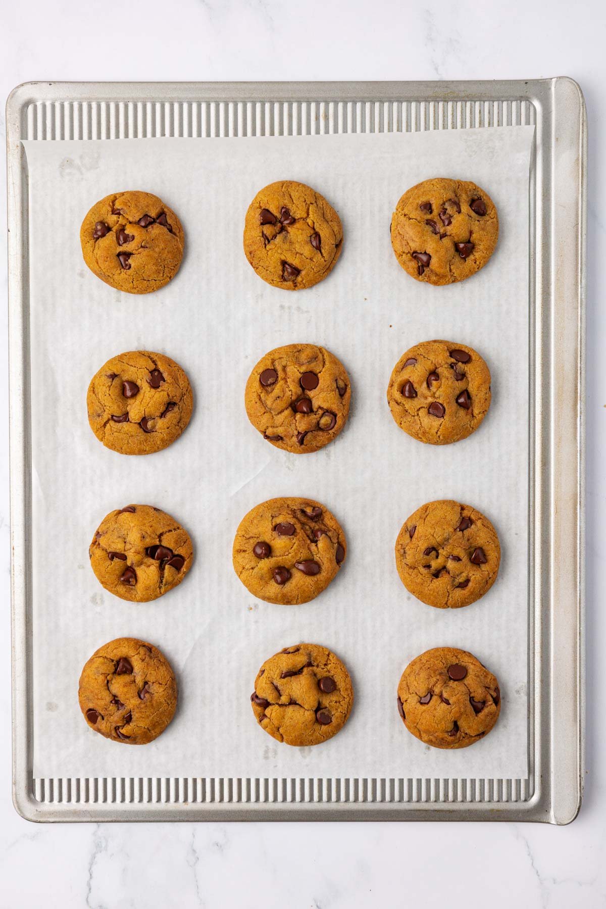 vegan pumpkin chocolate chip cookies on a baking sheet