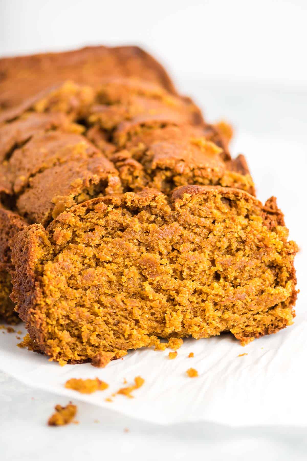 loaf of pumpkin bread cut into slices