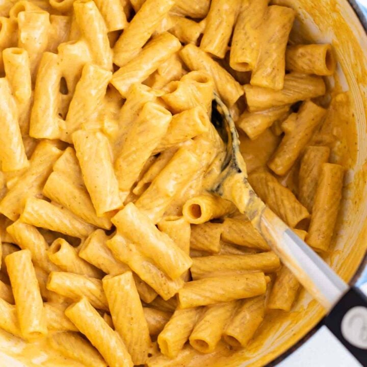 creamy pumpkin pasta sauce with rigatoni in a dutch oven