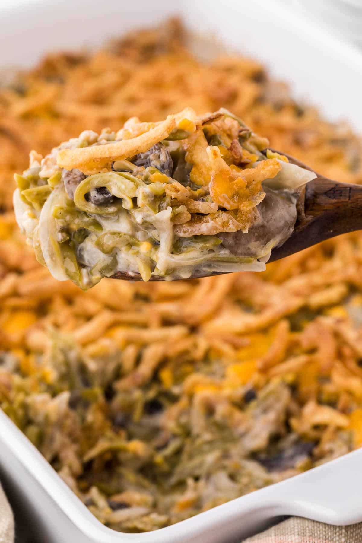 a scoop of green bean casserole