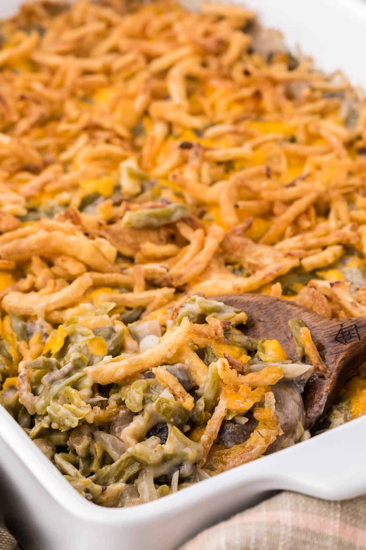 a scoop of green bean casserole