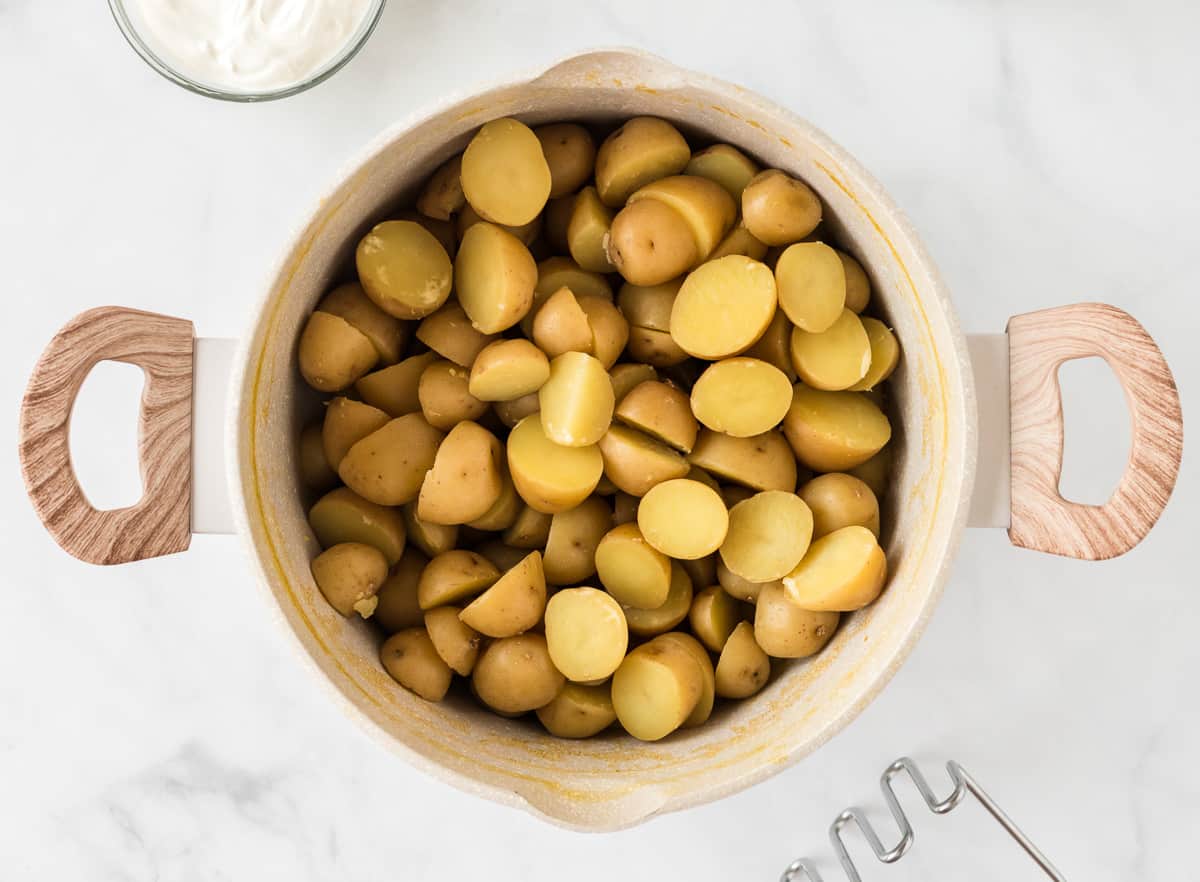 boiled drained potatoes in the pot