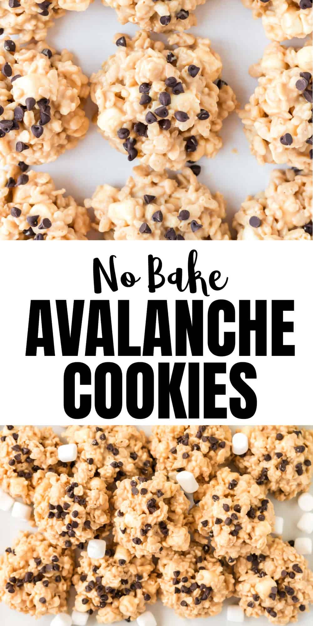 image with text "no bake avalanche cookies"