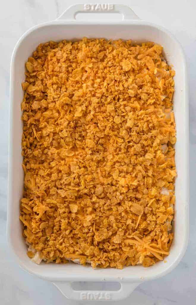 finished cheesy potato casserole with cornflake topping