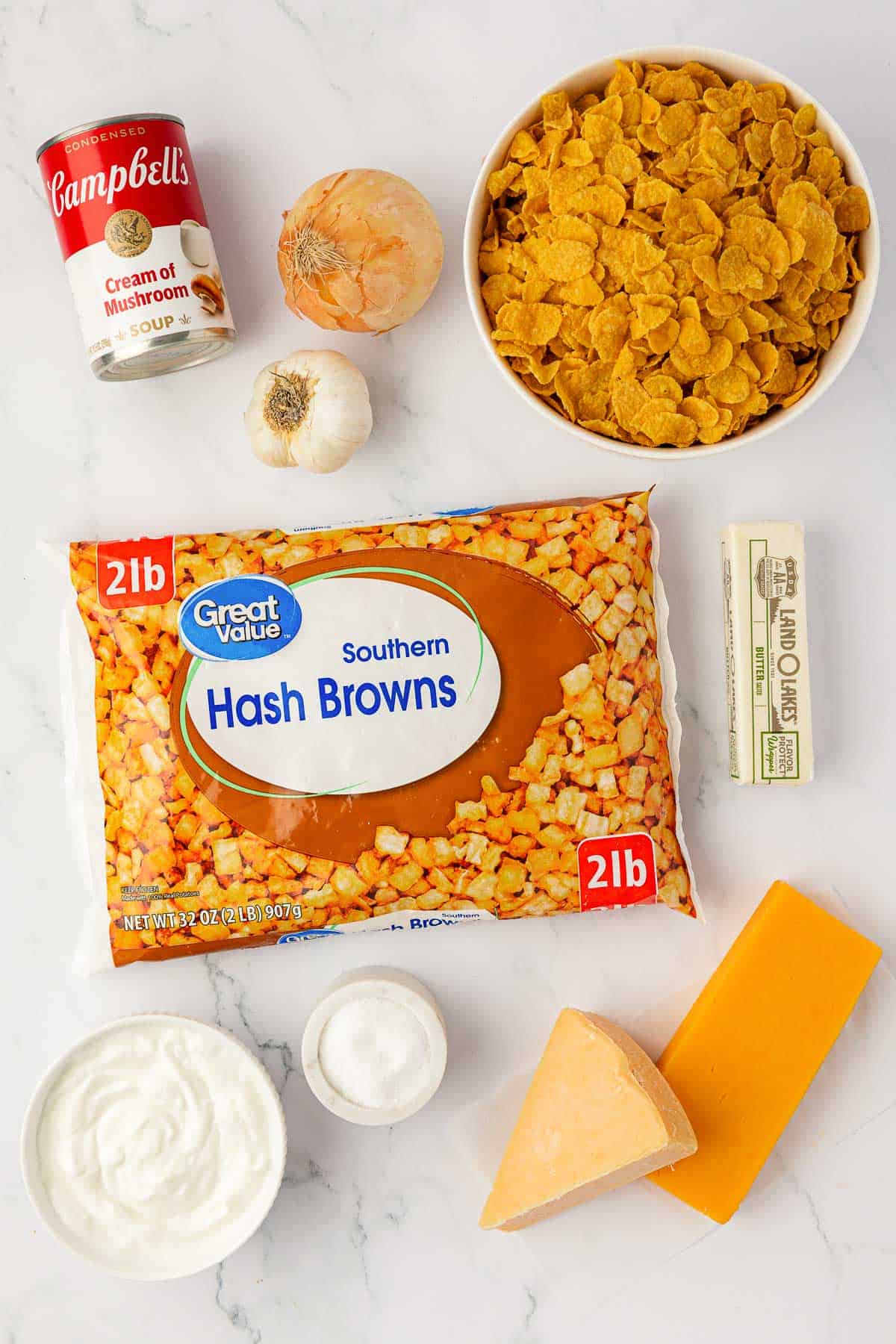 ingredients needed to make cheesy potatoes with corn flakes