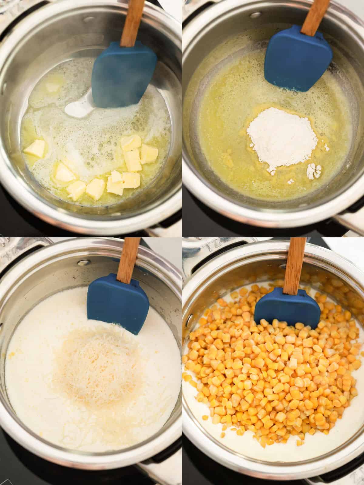 collage image showing the ingredients added to a saucepan to make creamed corn