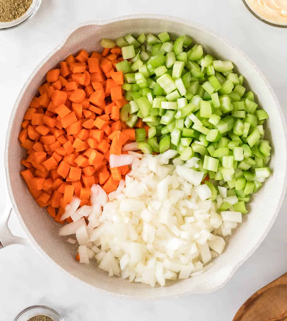 carrots, celery, and onion in a skillet