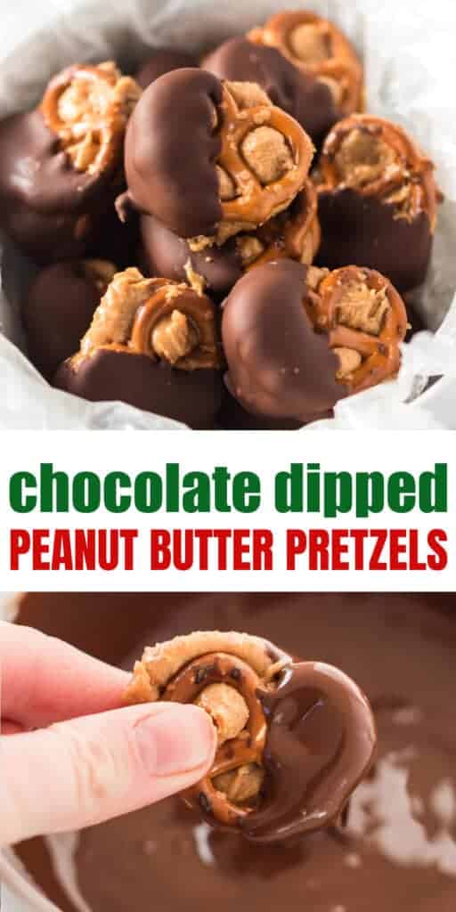 image with text "chocolate dipped peanut butter pretzels"