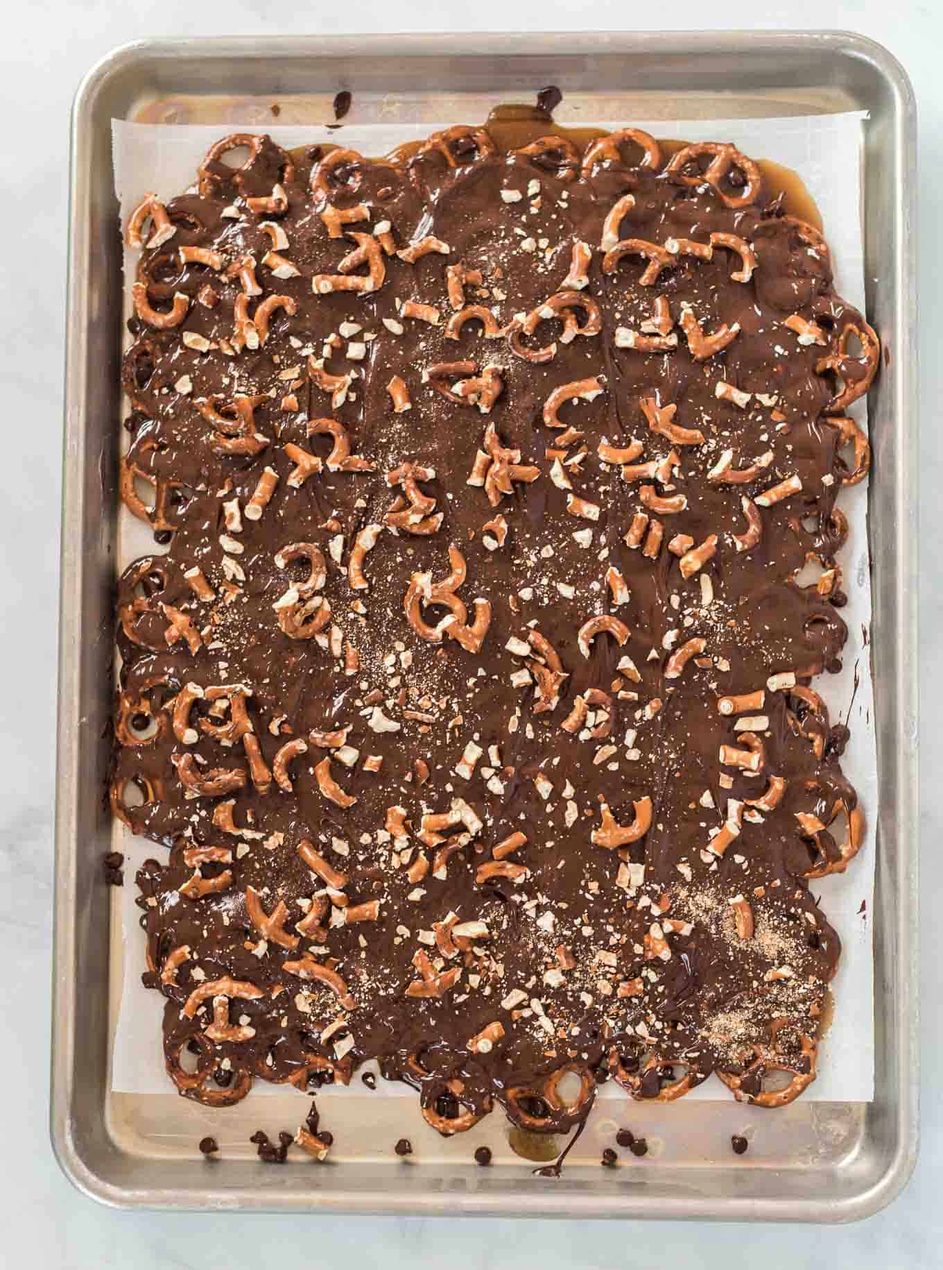 pretzel bars topped with crushed pretzels