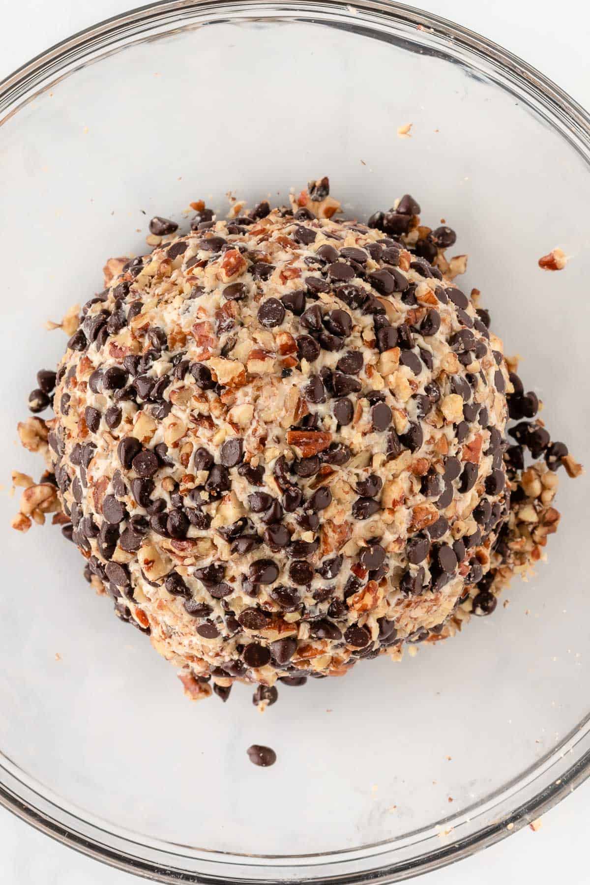 dessert cheese ball rolled in chocolate chips and pecans