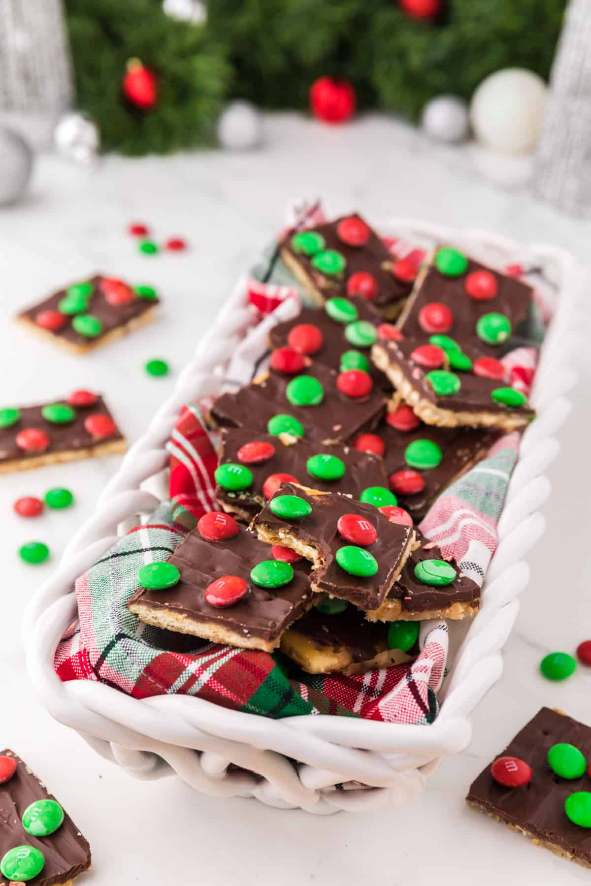 christmas crack in a holiday serving dish