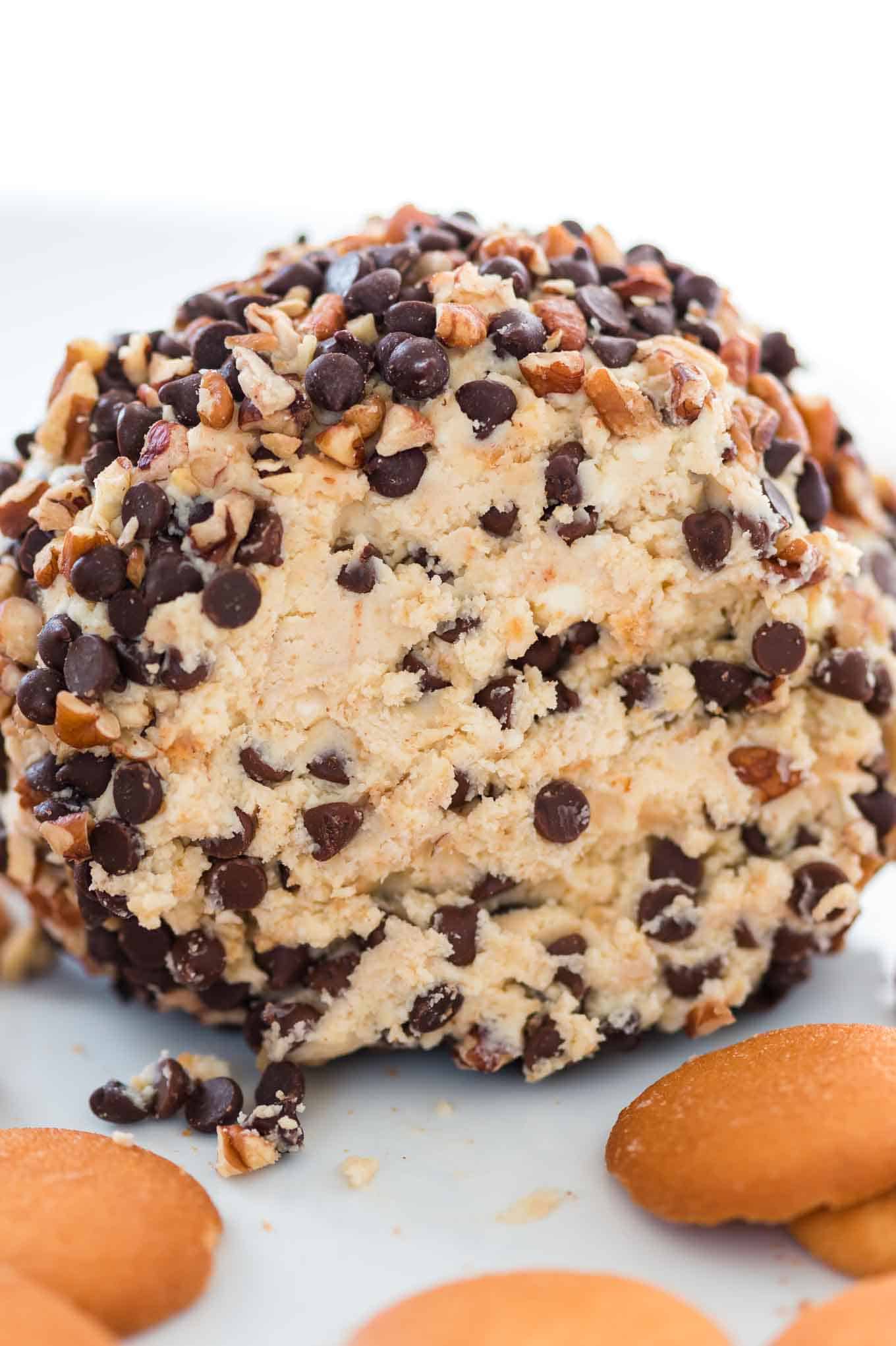 chocolate chip dessert cheese ball showing the inside