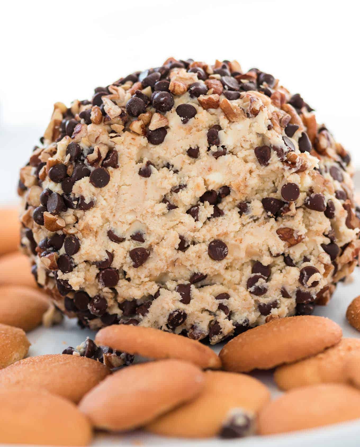 chocolate chip dessert cheese ball showing the inside