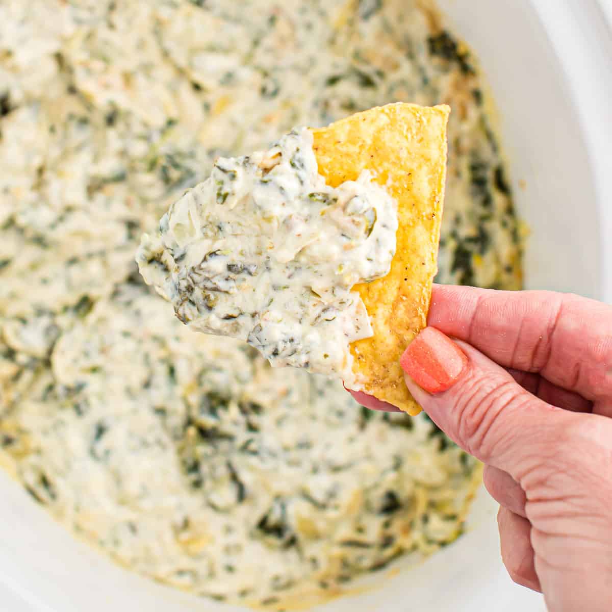 dipping a chip into a slow cooker full of spinach artichoke dip