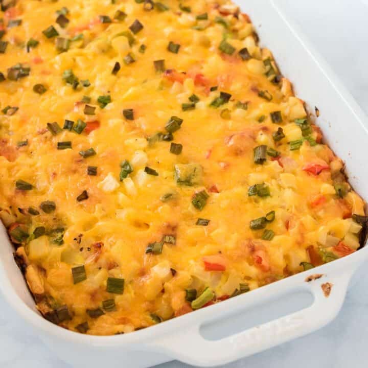finished baked hash brown egg casserole in a white dish