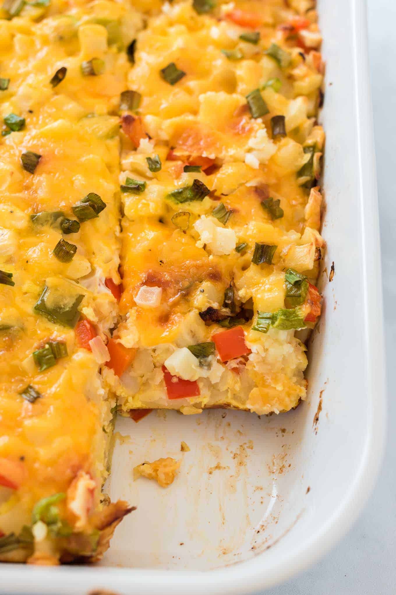 squares of egg casserole cut in the baking dish
