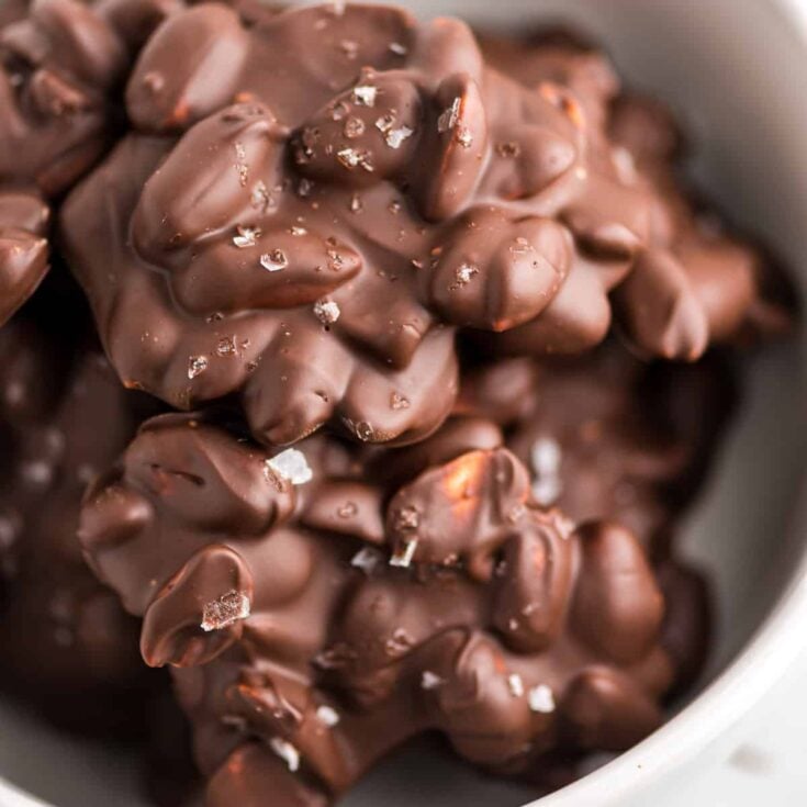 chocolate peanut clusters in a bowl