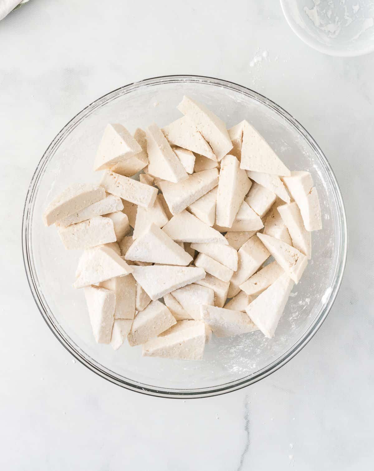 tofu triangles tossed with corn starch