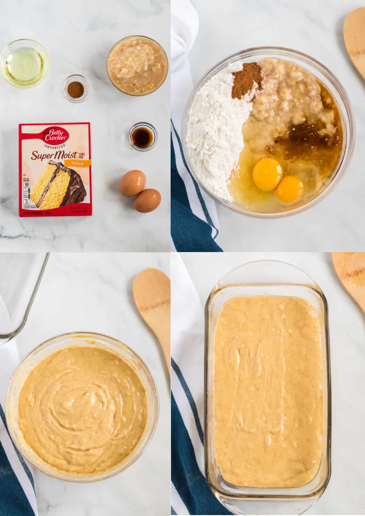 step by step images showing ingredients for the banana bread, mixed in a bowl, and in the baking loaf pan