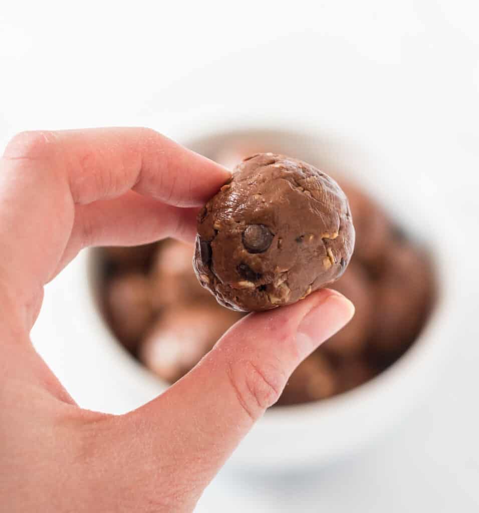 a hand holding a single chocolate protein ball