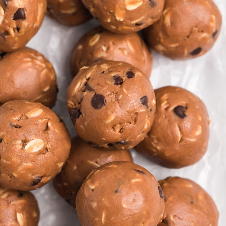 chocolate protein balls stacked