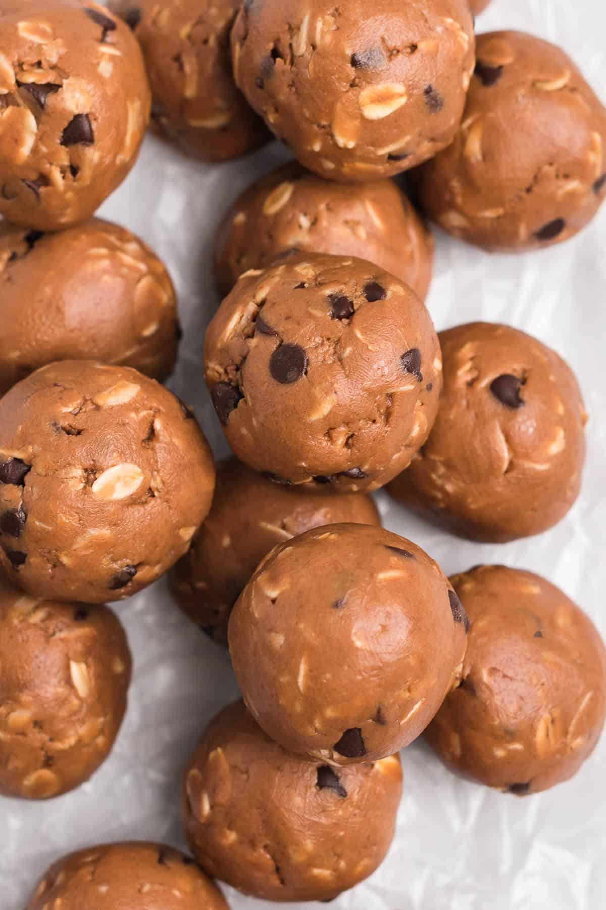 chocolate protein balls stacked