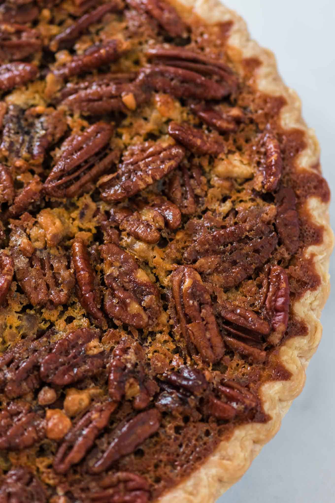 up close texture of the baked pecan pie