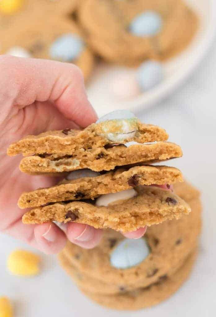 two cookies split in half to show the inside