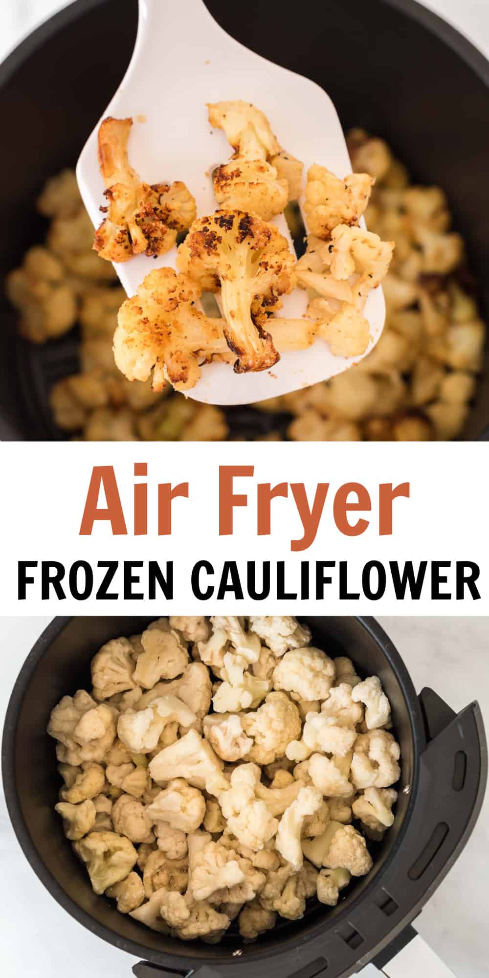 image with text "air fryer frozen cauliflower"